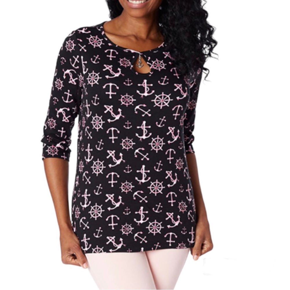 Quacker Factory Top Plus Size Knit 1X Nautical Theme Black Pink 3/4 Sleeve